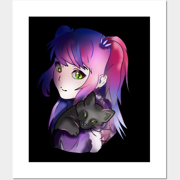 Witch enchantress with purple hair and a black kitten Wall Art by cuisinecat